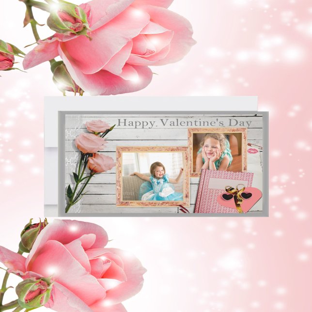 Valentine, Rosa ros, Heart Two Ramar-fotokort Julkort (Valentine, Pink Roses, Heart Two Frames Photo Card)