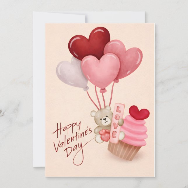 Valentine’s Day Card with Heart Balloons & Cupcake (Framsida)