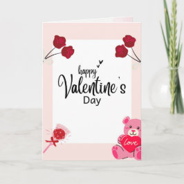 Valentine’s Day Card with Red Roses & Teddy Bear Helgkort