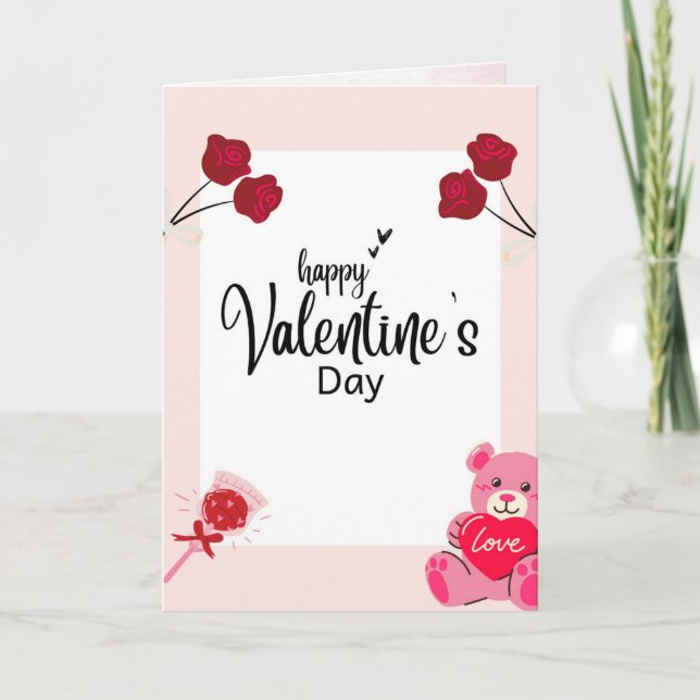 Valentine’s Day Card with Red Roses & Teddy Bear Helgkort (Framsida)