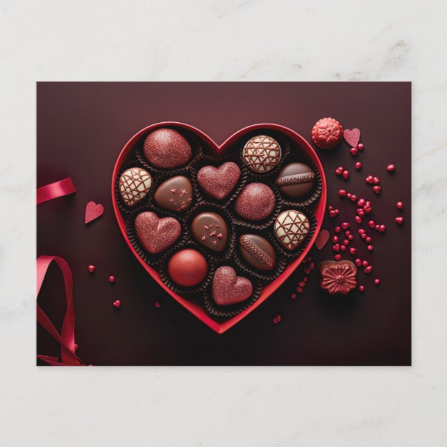 valentine`s day chocolates in a heart shaped box vykort (Framsida)