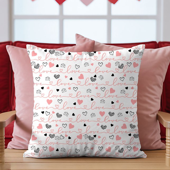 Valentine’s Day Pillow Pink Black Hearts Sketch  Kudde (Valentine’s Day Pillow Pink Black Hearts Sketch Art)
