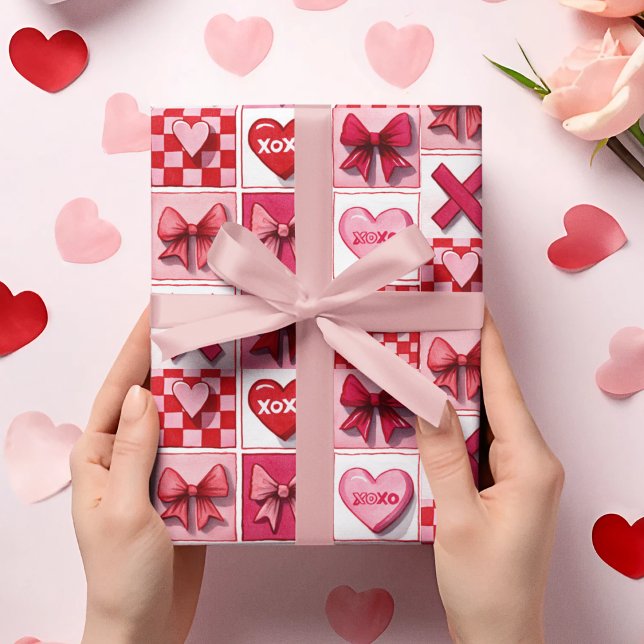 Valentine’s Day Wrapping Paper Pink & Red Elements Presentpapper (Skapare uppladdad)