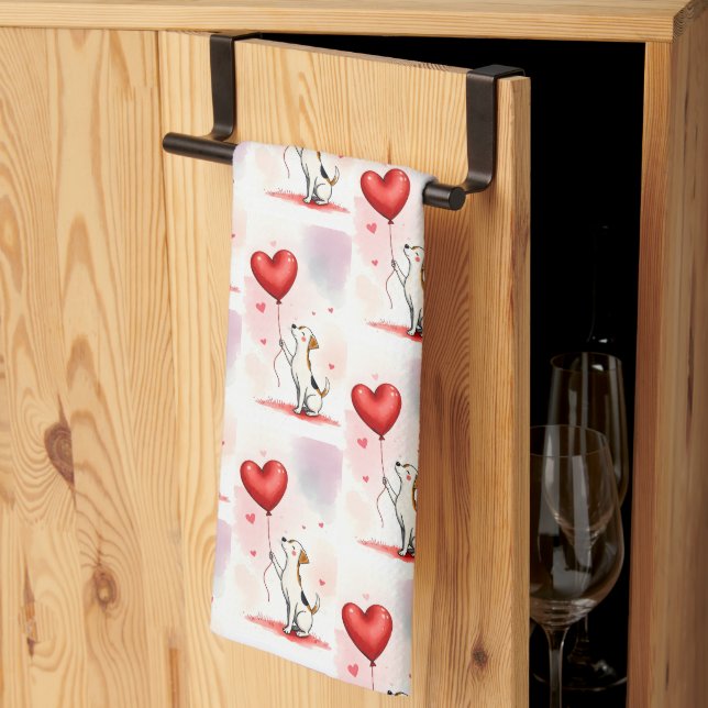 Valentine' s Kitchen Hand Towel Dog Red Heart Kökshandduk (Thirds Fold)