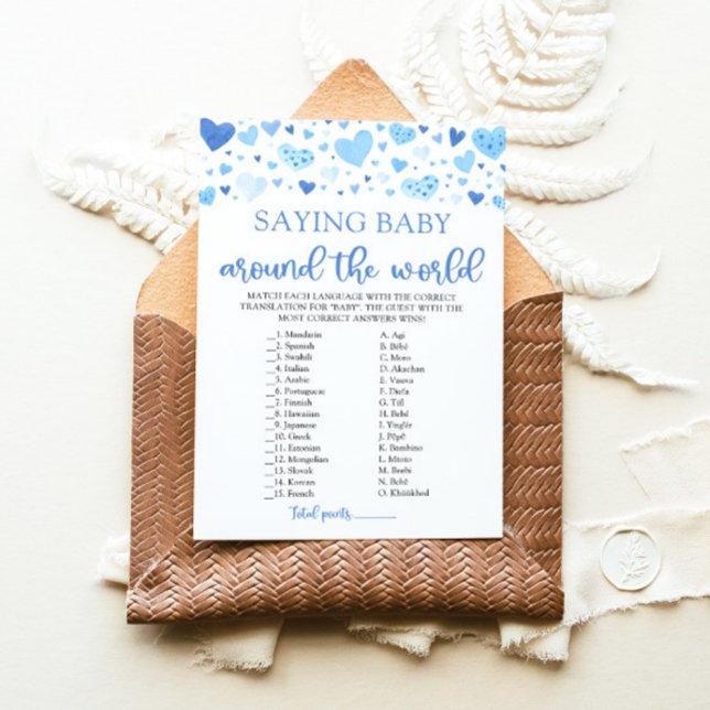 Valentine Sayed Baby Värld runt Game Inbjudningar (Watercolor Cute Blue Hearts Valentine Sweetheart  Boy Saying Baby Around The World Baby Shower Game)