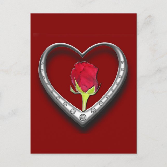 Valentine Silver Charm Ram Heart - Röd ros Card Helg Vykort (Framsida)