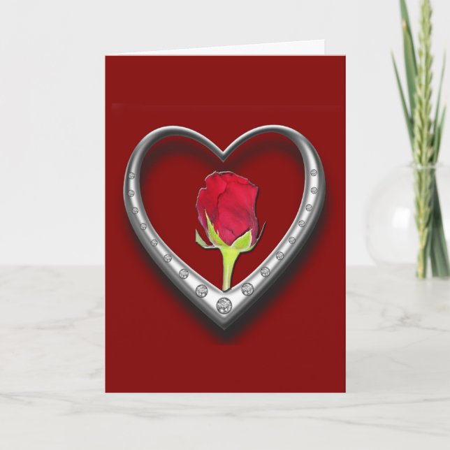 Valentine Silver Charm Ram Heart - Röd ros Card Helgkort (Framsida)