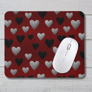 Valentine Silver Svart Glitter Hjärtan på Burgundy Musmatta