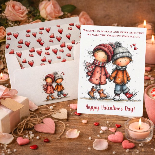 Valentine Snow Walk – Whimsical Kids Julkort (Skapare uppladdad)