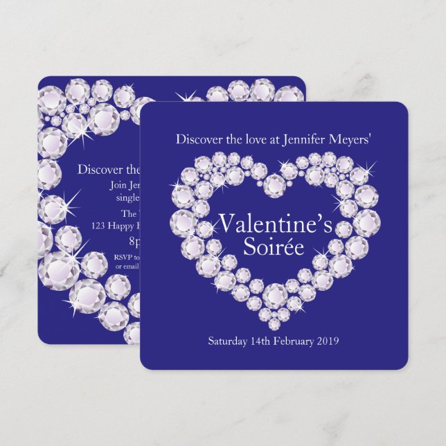 Valentine soirée diamonons hjärtblå party inbjudan (Fram/baksida)