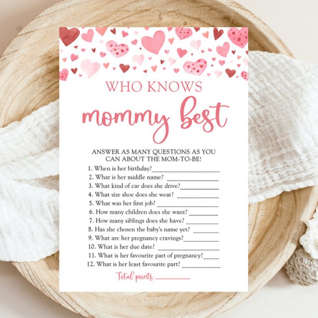 Valentine som känner Mamma Best Baby Shower Game Inbjudningar (Watercolor Cute Pink Red Hearts Valentine Sweetheart Baby Girl Who Knows Mommy Best Baby Shower Game)