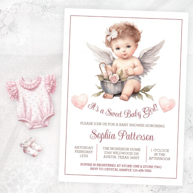 Valentine Söt Babyflicka Barnkalas Inbjudningar (Sweet angel baby shower invitation. Instant download and printed invitations available.)