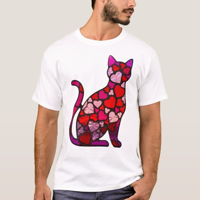 Valentine Stained Glass Cat Heart | Retro Mosaic  T Shirt (Framsida)