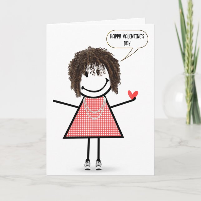 Valentine Stick figur Girl med Tal Bubble Kort (Framsida)