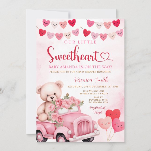 Valentine Sweetheart Bear Pink Truck Baby Shower Inbjudningar (Framsida)