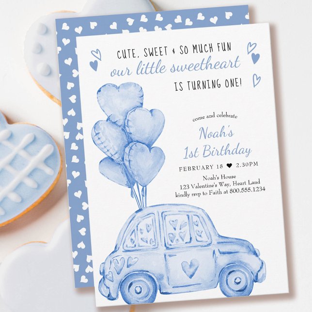 Valentine Swehoney Blue Balloes 1:a födelsedagen Inbjudningar (Skapare uppladdad)