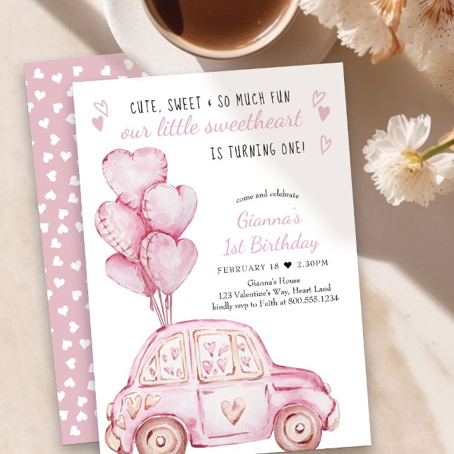 Valentine Swehoney Rosa Balloons 1:a födelsedagen Inbjudningar (Little Sweetheart 1st Birthday Invitation - order printed or as printable download)