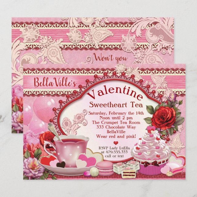 Valentine Tea Party-inbjudningar Inbjudningar (Fram/baksida)