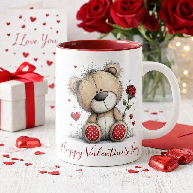 Valentine Teddy Bear med ros och hjärtan Mugg (Skapare uppladdad)