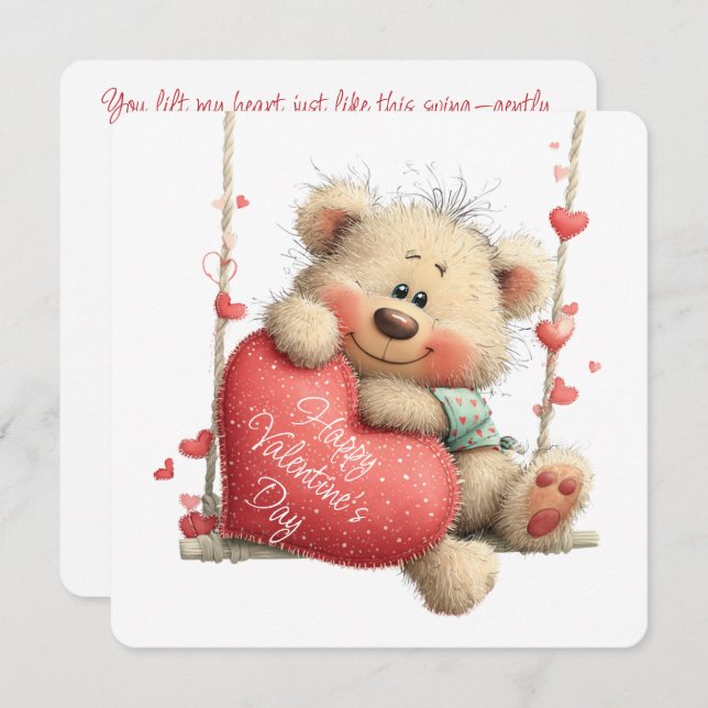 Valentine Teddy Bear on Swing with Heart  Julkort (Fram/baksida)