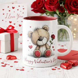 Valentine Teddy Bear with Rose and Hearts Mugg