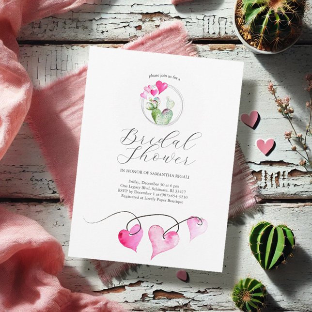 Valentine Thned Möhippa Inbjudningar (Winter bridal shower invitations watercolor hearts and cactus art Victoria Grigaliunas DoTellABelle)