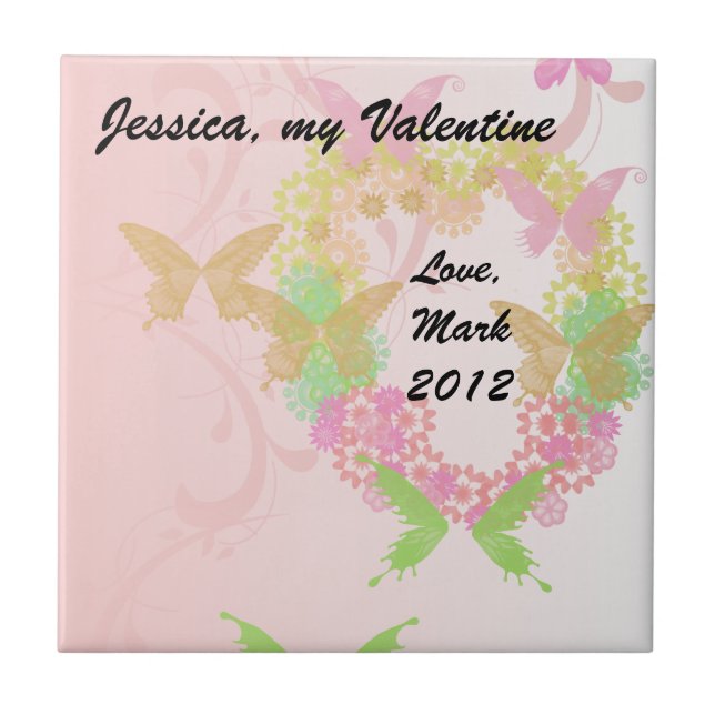 Valentine Tile med Blommigt Heart & Butterflies Kakelplatta (Framsidan)