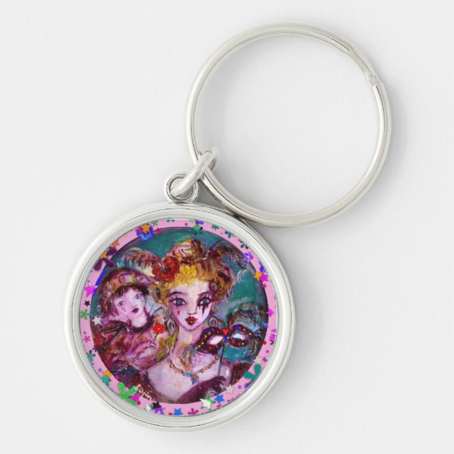 VALENTINE VENETIAN MASQUERADE CONFETTI RUND SILVERFÄRGAD NYCKELRING (Framsidan)