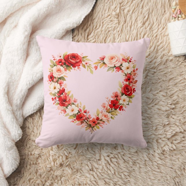 Valentine Watercolor Blommig Hjärtkrans Kudde |  (Filt)