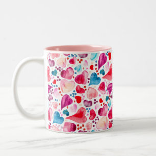 Valentine Watercolor Hearts och Confetti Två-Tonad Mugg