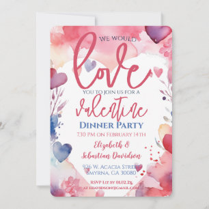 Valentine Watercolor Kärlek Dinner Party Inbjudningar