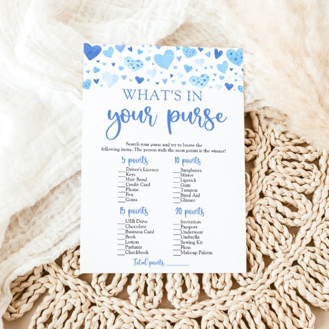 Valentine What's in your Purse Baby Shower Game Inbjudningar (Watercolor Cute Blue Hearts Valentine Sweetheart February Boy What's In Your Purse Baby Shower Game)