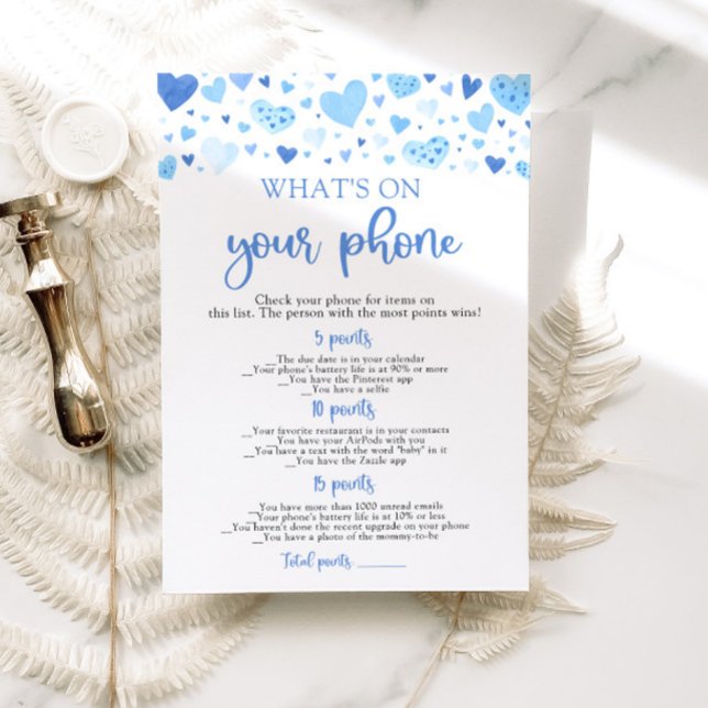 Valentine What's on Your Mobilare Baby Shower Game Inbjudningar (Watercolor Cute Blue Hearts Valentine Sweetheart February Boy What's On Your Phone Baby Shower Game)