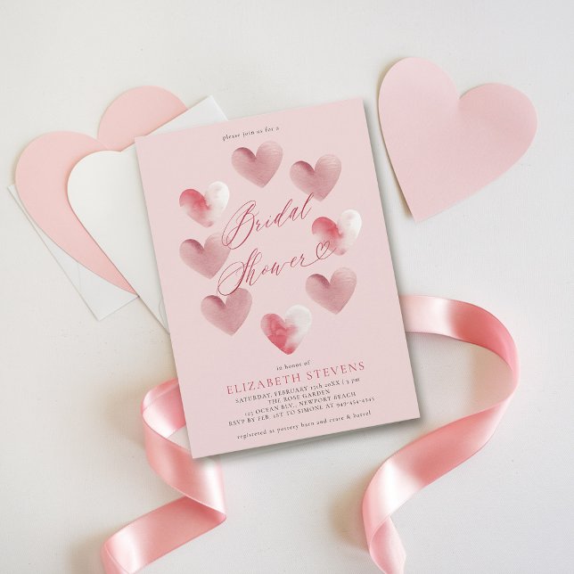 Valentine Whimsical Heart Dusty Rosa Möhippa Inbjudningar (valentine bridal shower invitations whimsical hearts watercolor elegant modern love dusty pink)