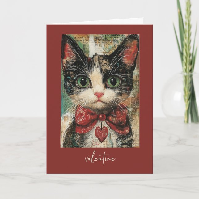 Valentine Whimsical Painterly Cat with Red Heart Kort (Framsida)