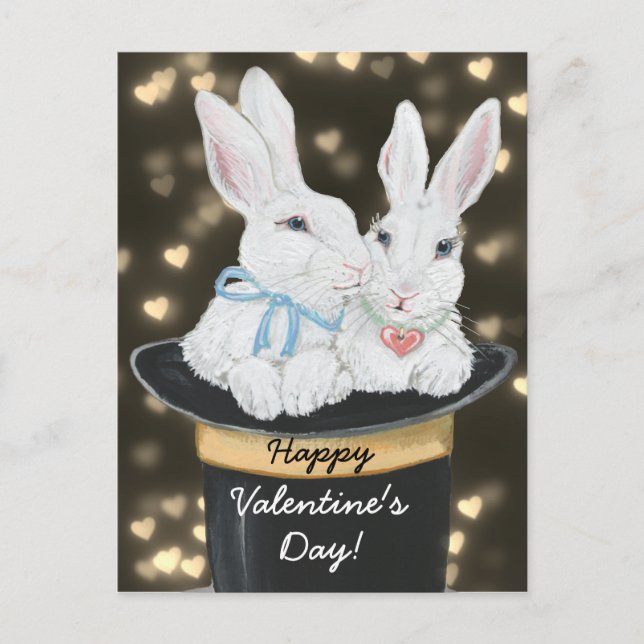 Valentine White Snuggle Bunny Rabbits, Magic Hat Helg Vykort (Framsida)