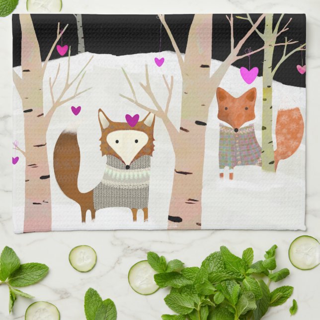 Valentine Woodland Foxes Kitchen Tea Towel Kökshandduk (Vikta)
