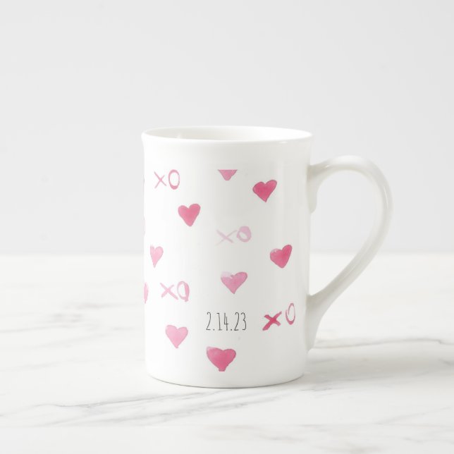 Valentine XO Sweet Hearts Rosa DATE Kärlek Benporslin Mugg (Höger)