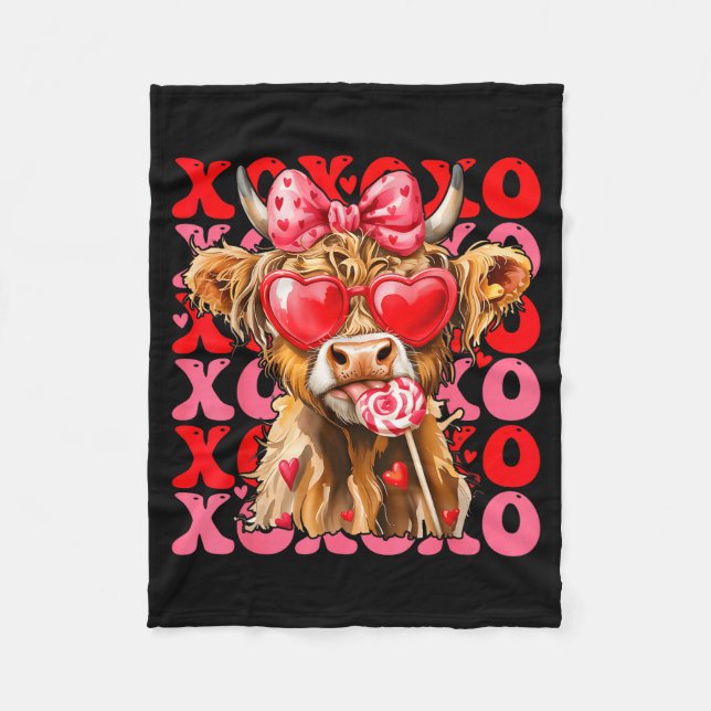 Valentine Xoxo Highland Cow Cute Coquette Bow West Fleecefilt (Framsidan)