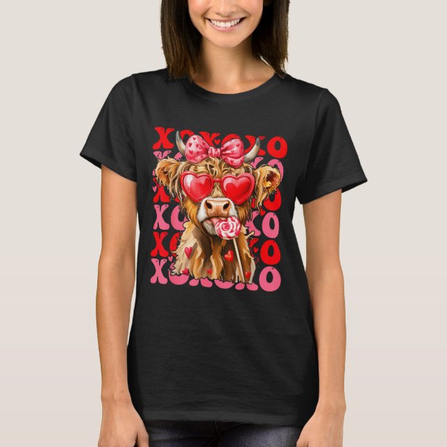 Valentine Xoxo Highland Cow Cute Coquette Bow West T Shirt (Framsida)