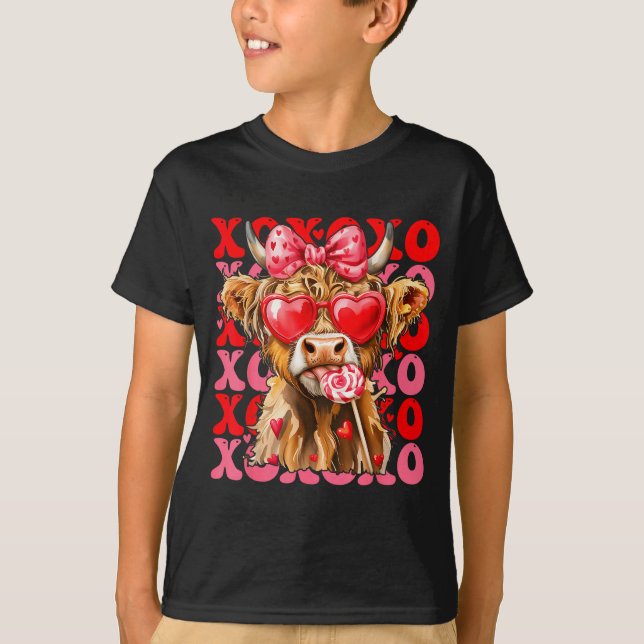 Valentine Xoxo Highland Cow Cute Coquette Bow West T Shirt (Framsida)