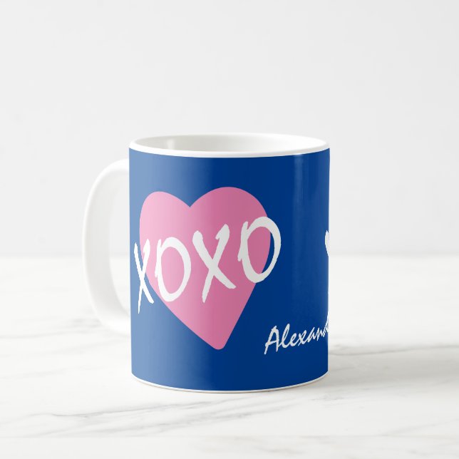 Valentine XOXO Hugs Kisses Rosa Heart Blue Kaffemugg (Framsida vänster)