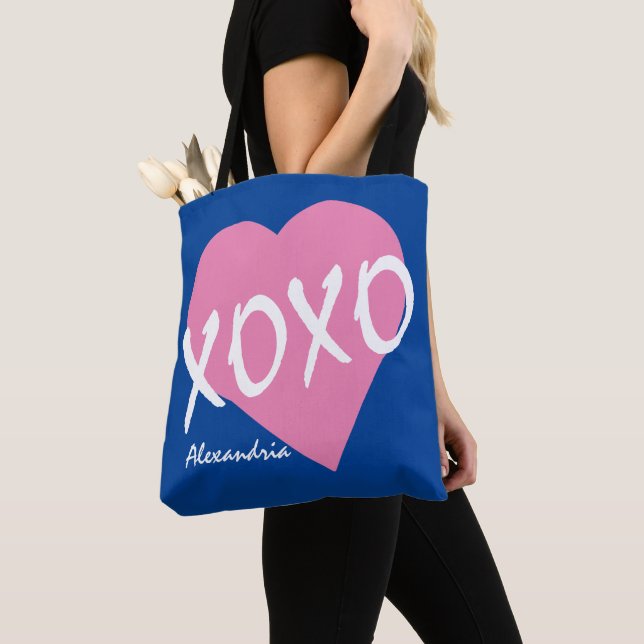 Valentine XOXO Rosa Heart Hugs Kisses Blue Tygkasse (Närbild)