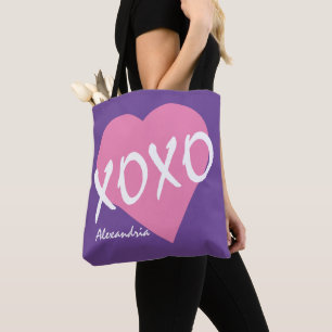 Valentine XOXO Rosa Heart Hugs Kisses Lila Tygkasse