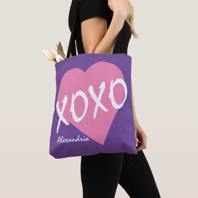 Valentine XOXO Rosa Heart Hugs Kisses Lila Tygkasse (Närbild)