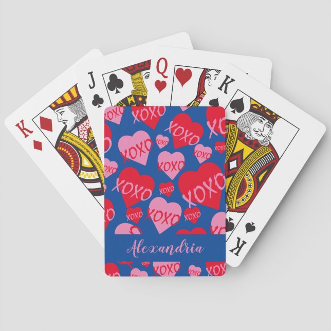 Valentine XOXO Rosa Red Heart Mönster Blue Casinokort (Baksidan)