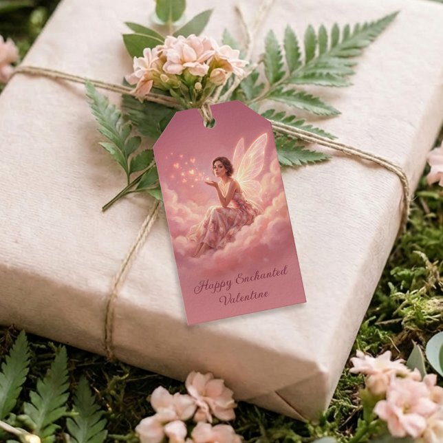 Valentineälva på rosa moln fantasykonst presentetikett (Skapare uppladdad)