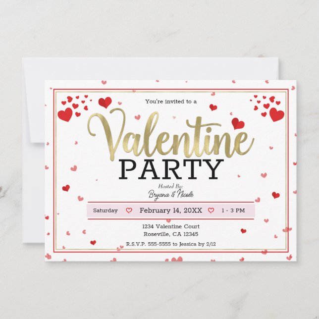 Valentinefest Valentindagen Hjärtan Rött Guld Inbjudningar (Framsida)