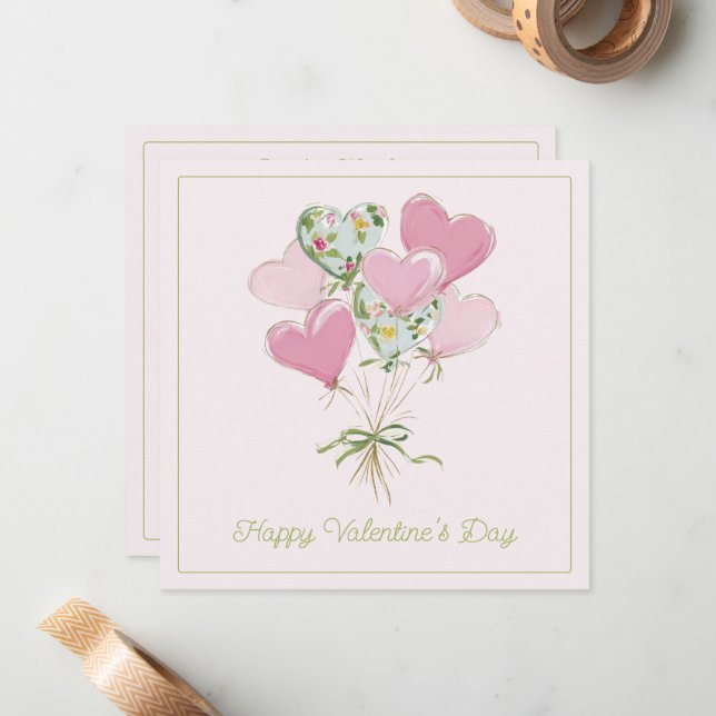 Valentinehjärta Rosa och Gröna Hjärteballonger Anteckningskort (Fram/Back In Situ)