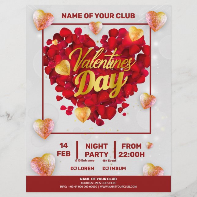 Valentines 3D Golden & Red Hearts Square Party Reklamblad (Framsidan)